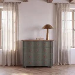 Commode 4 tiroirs vert kaki et métal doré