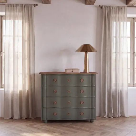Commode 4 tiroirs vert kaki et métal doré