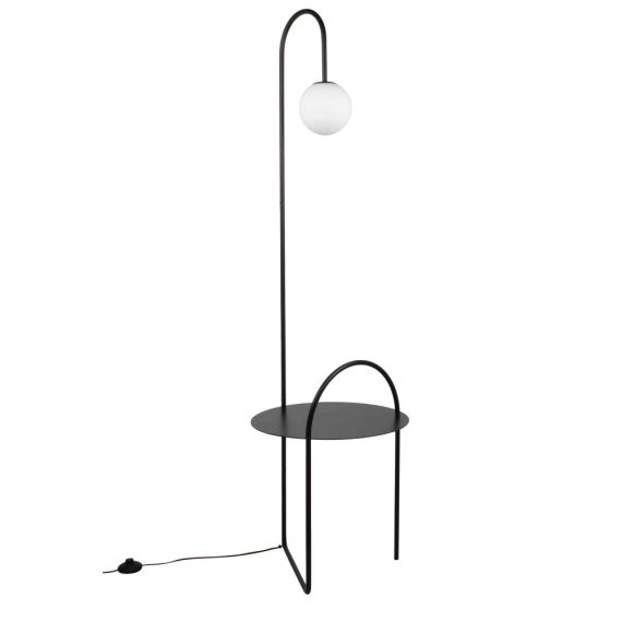 Lampadaire étagère en métal noir et globe en verre blanc H16323