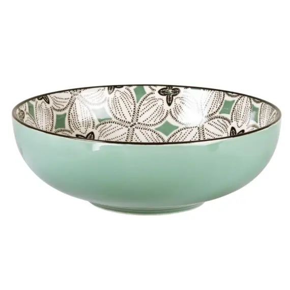 Assiette creuse en grès motifs graphiques bleu gris, verts et blancs