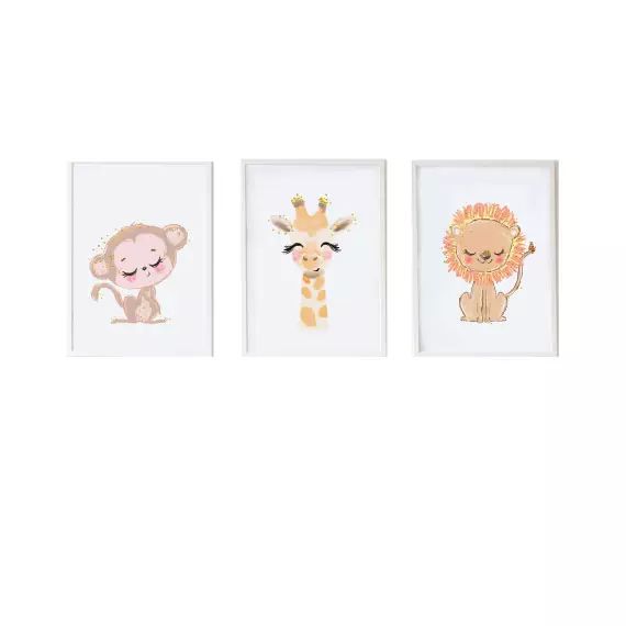 Pack encadré bois blanc impression le girafe et lion 43X33 cm