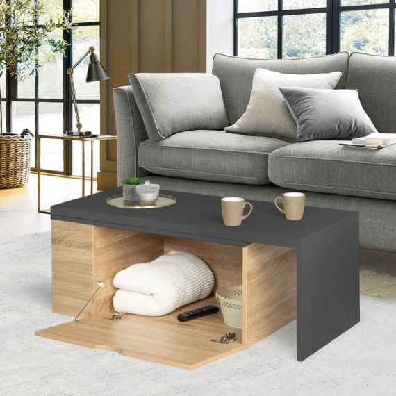 Table basse rotative bois et gris 360° LIZZI extensible avec coffre