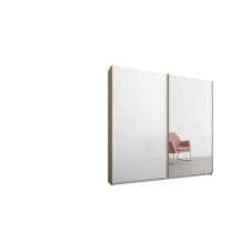 Malix, armoire à 2 portes coulissantes, 181 cm, cadre chêne et portes blanc brillant et miroir, intérieur classique