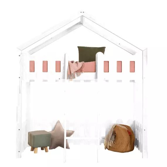 Lit cabane mi-hauteur 90×200 sommier inclus – Blanc