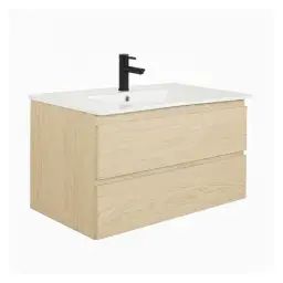 Meuble simple vasque décor chêne 80cm + vasque + robinet