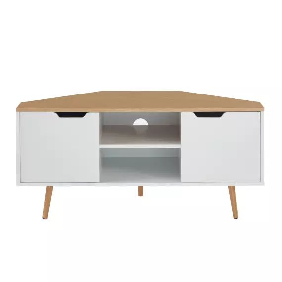 Meuble tv d’angle   blanc et effet chêne  2 portes 115cm