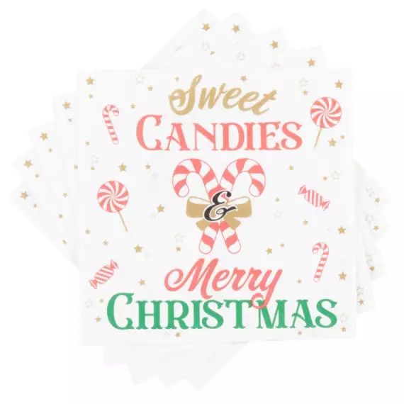 Serviettes en papier blanc, rouge, vert et doré imprimé friandises (x20)