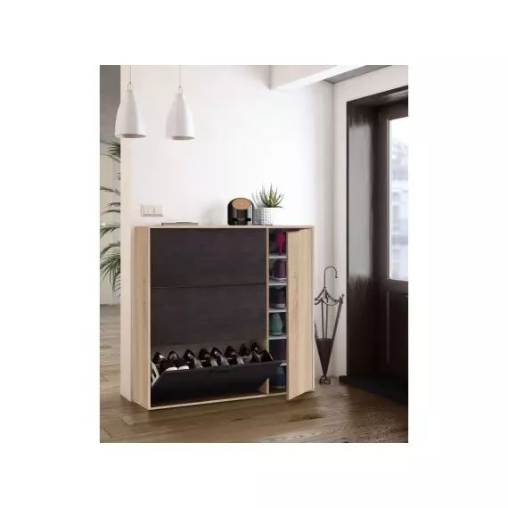 Meuble à chaussures CHLOÉ 3 abattants et 1 porte (30 Paires) L106 x H115cm – Noir et Bois – 106 x 22 x 115 cm – Usinestreet
