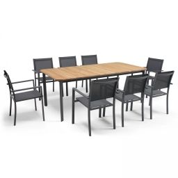 Ensemble table de jardin rectangulaire aluminium/teck et 8 fauteuils