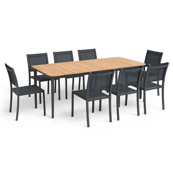 Ensemble table de jardin rectangulaire aluminium/teck et 8 fauteuils