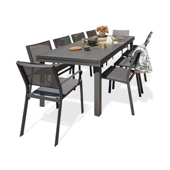Ensemble repas de jardin 10 places en aluminium gris anthracite
