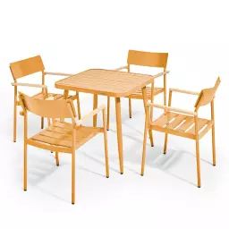 Ensemble table de jardin et 4 fauteuil aluminium/bois jaune moutarde