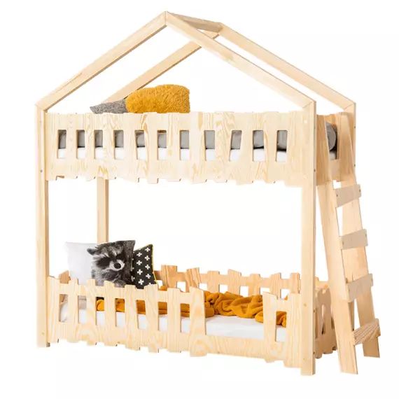 Lit cabane superposé 90×200 échelle à droite sommier inclus naturel