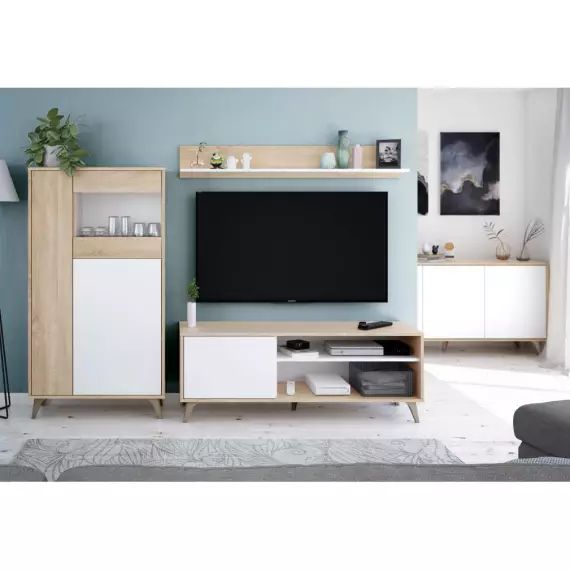 Vitrine LAURA 3 portes avec étagères L77 x H142cm – Blanc et Bois – 77 x 33 x 142 cm – Usinestreet