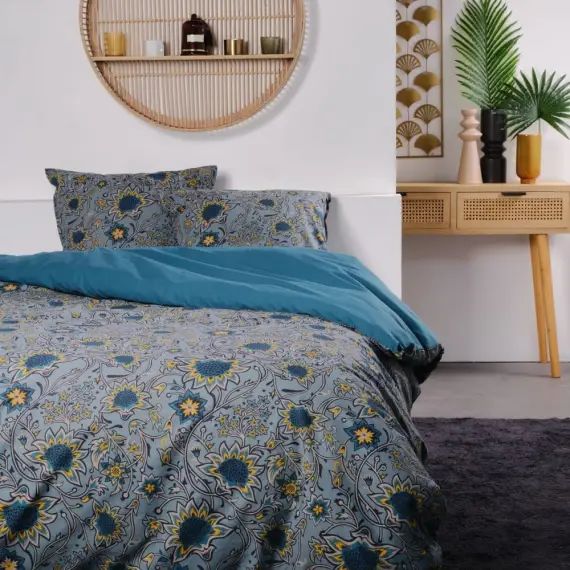 Parure de lit imprimé en coton bleu 220×240