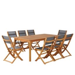 Saima – Ensemble de jardin 1 table et 8 chaises en bois d’eucalyptus – Couleur – Gris