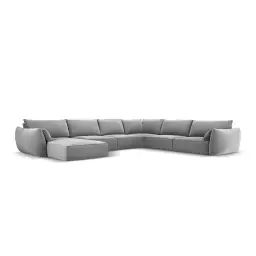 Canapé d’angle droit panoramique 8 places en tissu velours gris