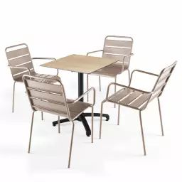 Ensemble table de jardin stratifié chene naturel et 4 fauteuils taupe