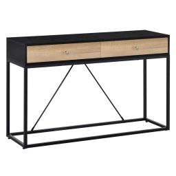 Console design 2 tiroirs métal aspect bois chêne clair et noir