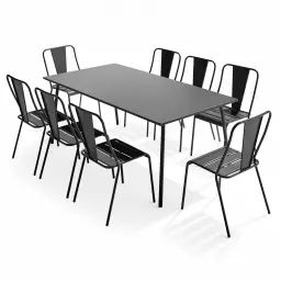 Ensemble table de jardin et 8 chaises bistrot en acier gris