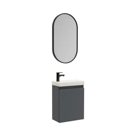 Ensemble meuble lave-mains  gris avec miroir ovale