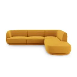 Canapé d’angle droit 6 places en tissu velours jaune