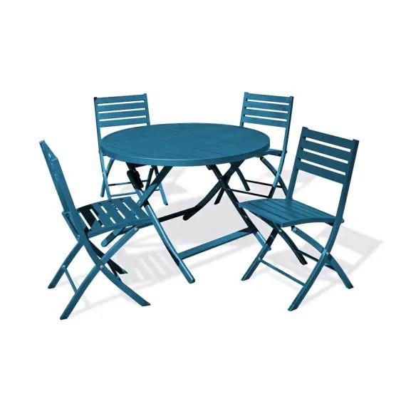 Ensemble repas de jardin 4 places en aluminium bleu canard
