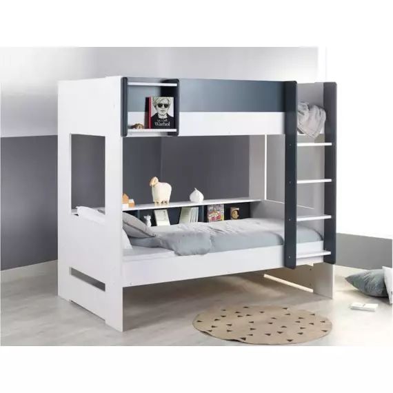 Lit superposé avec rangement 90×190 OPUS – Blanc/Bleu nuit multicolore