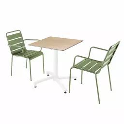 Ensemble table jardin stratifié chêne et 2 fauteuils vert cactus