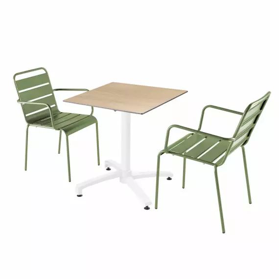 Ensemble table jardin stratifié chêne et 2 fauteuils vert cactus