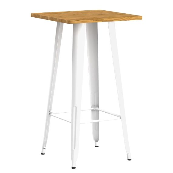 Table de bar carrée 60cm en bois scandinave et piètement en métal blanc