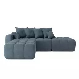Canapé d’angle gauche convertible en tissu 5 places bleu gris