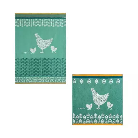 Lot torchon et carré éponge en jacquard de coton vert 50×75