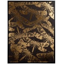 Impression  libellules dorées sur toile noire, cadre en bois noir 47×62