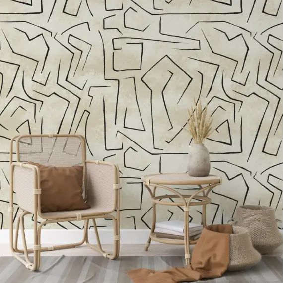 Papier Peint Beige Graffiti Rayures Abstraites Noires 250×200 cm
