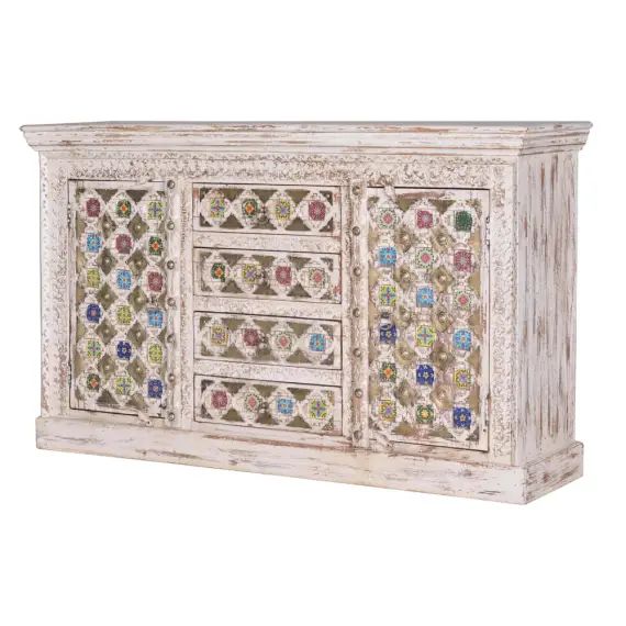 Buffet en bois de manguier avec détails en céramique et bronze