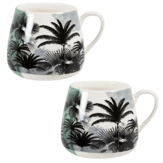 Mug en faïence verte, noire et grise motifs palmiers