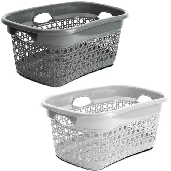 Set de 2 paniers rectangulaires buanderie plastique blanc et gris 60L