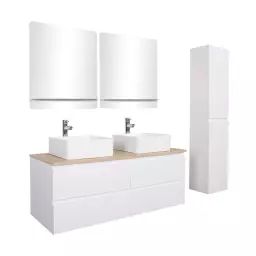 Meuble double vasque 120cm avec plan bois  Blanc+vasque+rob+miroir+co