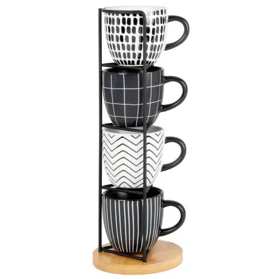 Tasses en grès noir et blanc motifs graphiques (x4) support en métal noir