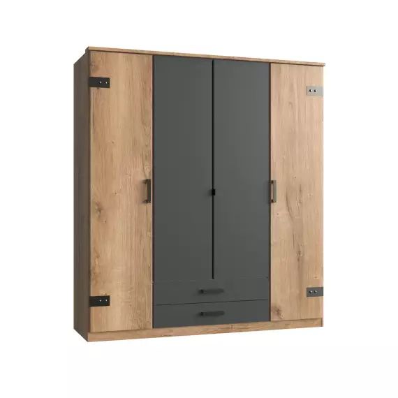 Armoire 4 portes décor chêne et graphite- L180 cm