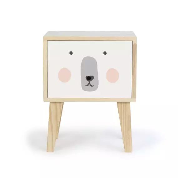 Table de chevet en pin pour enfants dessin d&rsquo;ours.