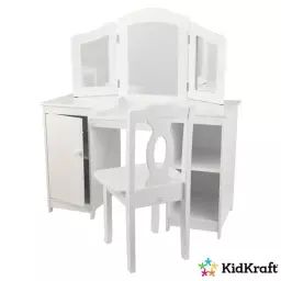 KidKraft – Coiffeuse Deluxe pour enfant en bois avec 3 miroirs et tabouret – Blanc blanc