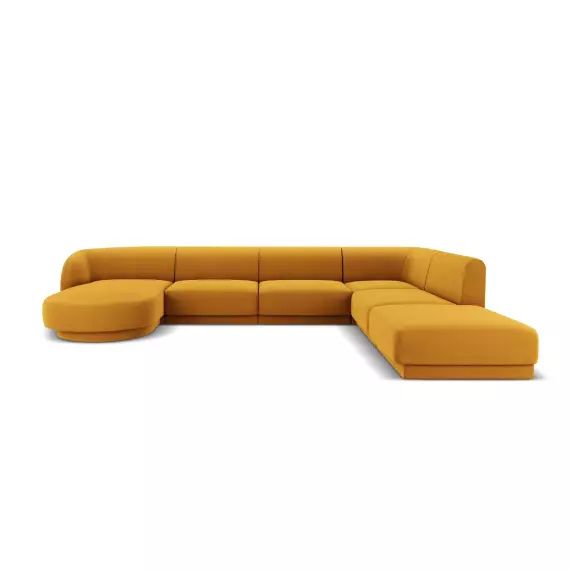 Canapé d’angle côté droit 6 places en tissu velours jaune