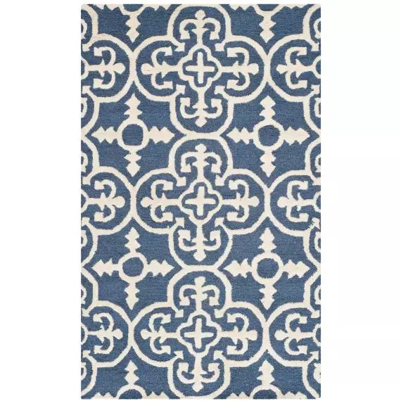 Tapis de salon géométrique bleu marine et ivoire 91×152