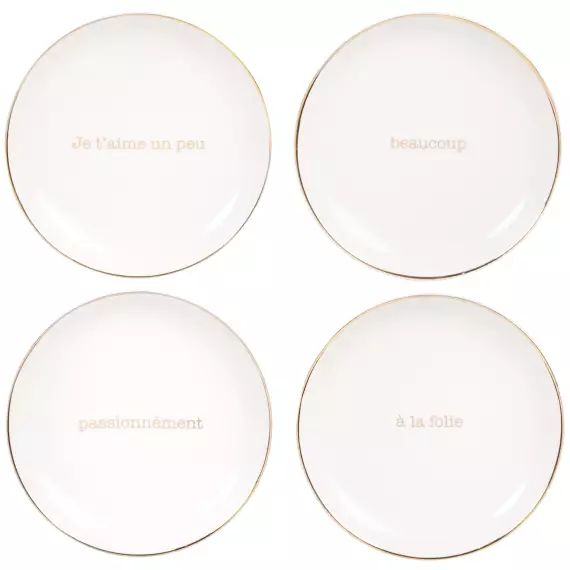Assiettes en grès blanc inscriptions dorées (x4)
