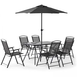 Ensemble table de jardin 6 places avec parasol gris