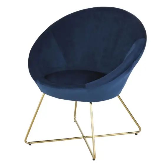 Fauteuil en velours bleu et pieds en métal