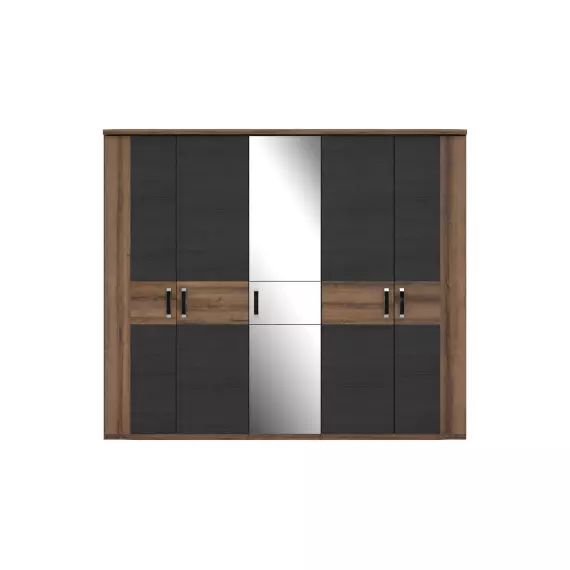 Armoire 4 portes + 1 porte miroir DOLCE COTTAGE coloris imitation chêne noir et chêne noble