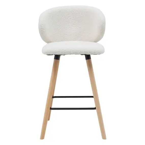 Chaise de bar tissu effet laine bouclette blanc pieds bois